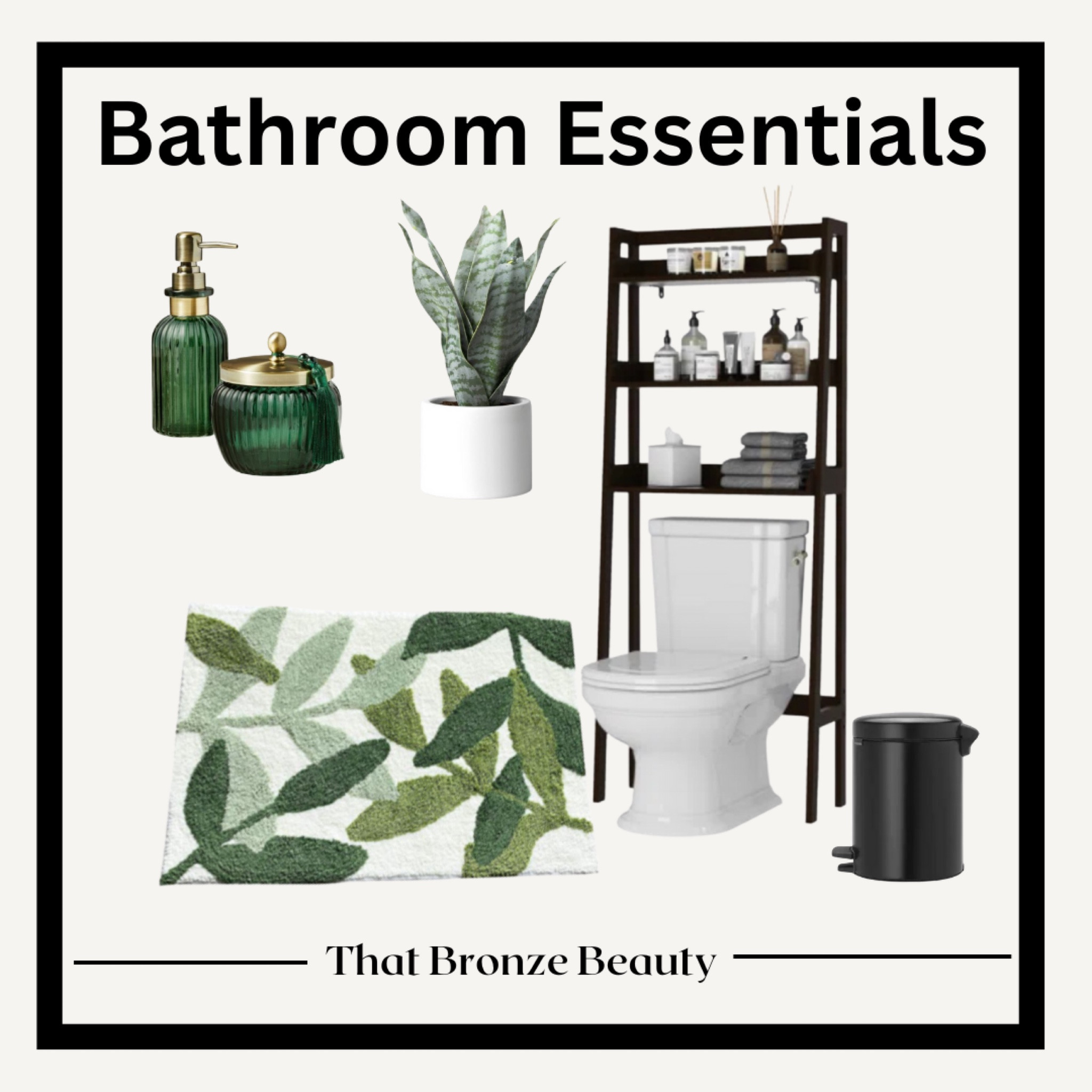 Bathroom essentials for storage and decor.  Beautiful, organized, and modern.

Faux mother in law plant
Bath mat
Step on trash can
Over the toilet storage

#LTKFind #LTKfamily #LTKhome