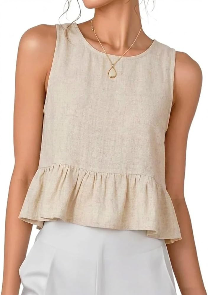IDEALSANXUN Womens Ruffle Linen Tank Tops Spring Summer Beach Cute Sleeveless Shirts Vest Top | Amazon (US)