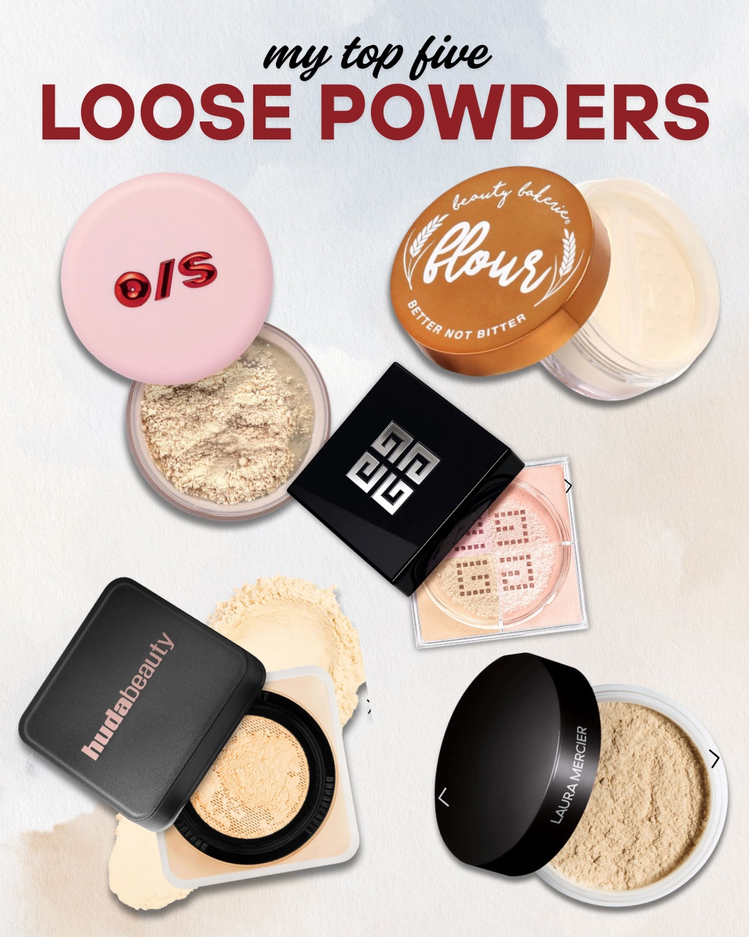 These are my top 5 loose powders for setting my makeup with a smooth, flawless finish that lasts.

ONE/SIZE Ultimate Blurring Setting Powder – Ultra-fine and weightless. Keeps makeup locked in and shine-free with no flashback.

Beauty Bakerie Flour Setting Powder – Smooths, brightens, and sets without caking. Perfect for baking and blending seamlessly into the skin.

Givenchy Prisme Libre Loose Powder – Luxurious and lightweight with a soft-focus finish. Color-corrects and brightens with a radiant matte look.

Huda Beauty Easy Bake Loose Setting Powder – Great for baking or light setting. Absorbs oil while keeping the skin looking smooth and blurred.

Laura Mercier Translucent Loose Setting Powder – The OG! Sets makeup beautifully with a natural finish. Works on all skin types and tones.

#Top5LoosePowders #FlawlessSet #NoFlashbackPowder #MakeupLockIn #BlurringPowder #LTKMakeup #LTKBeauty

#LTKBeauty