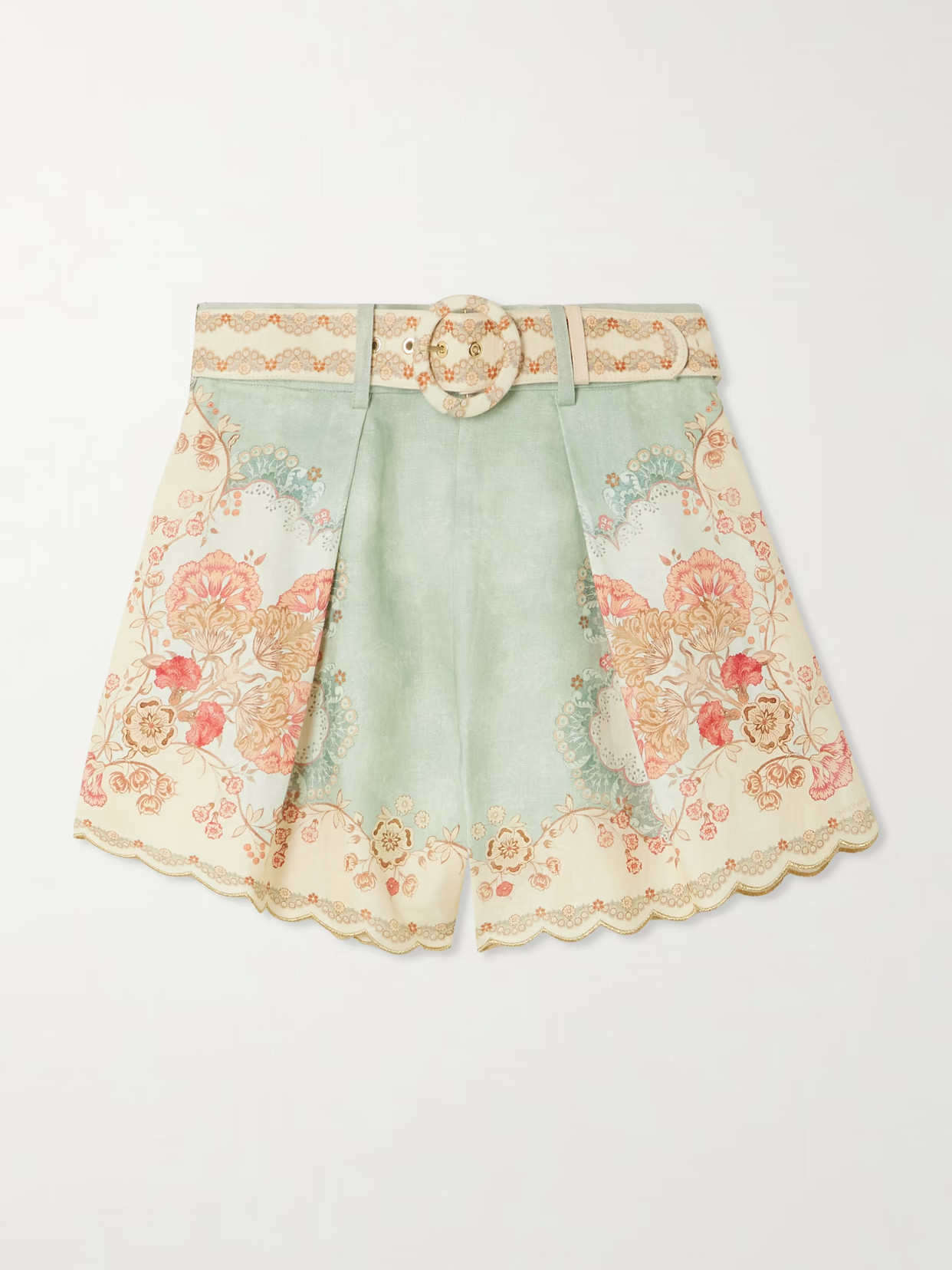 Zimmermann - Daylight Belted Scalloped Pleated Printed Linen Shorts - Blue | NET-A-PORTER (US)