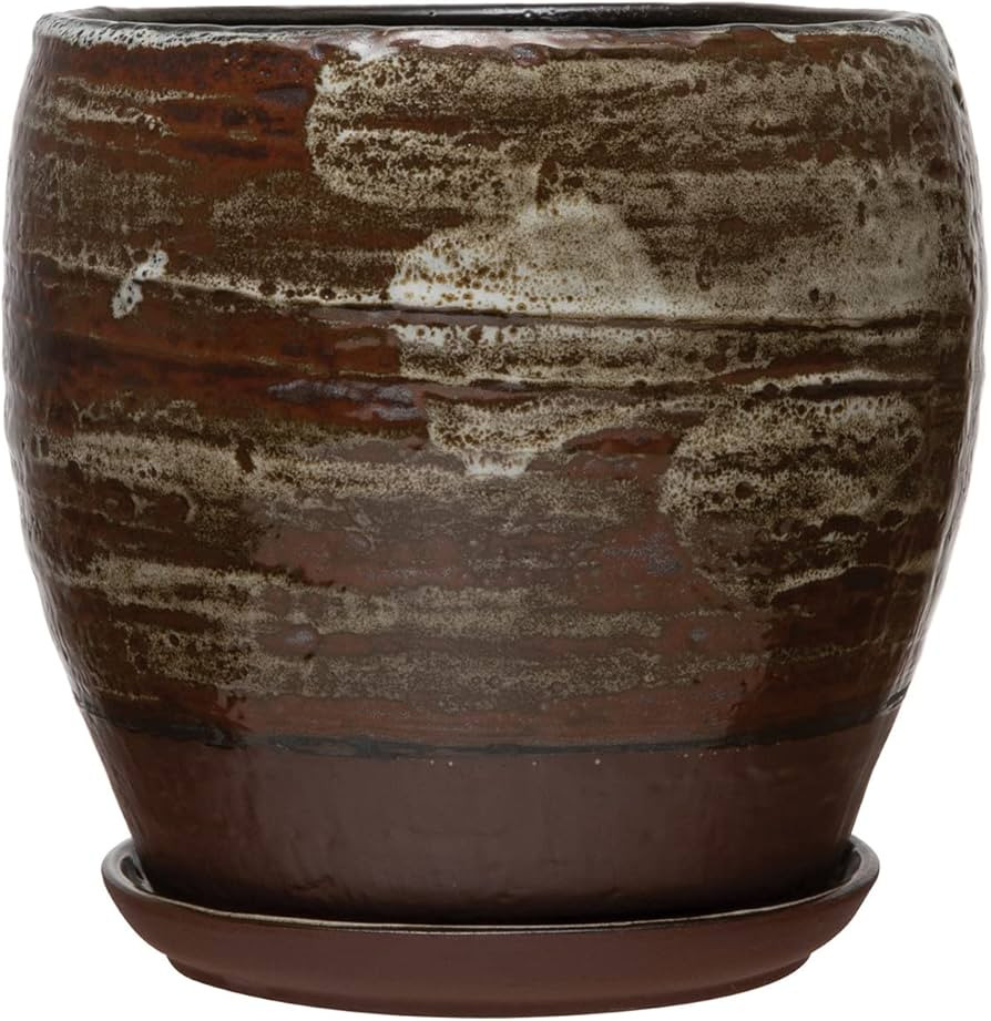 Creative Co-Op Stoneware Saucer with Distressed Brown and Reactive Glaze Finish Planter Pot | Amazon (US)
