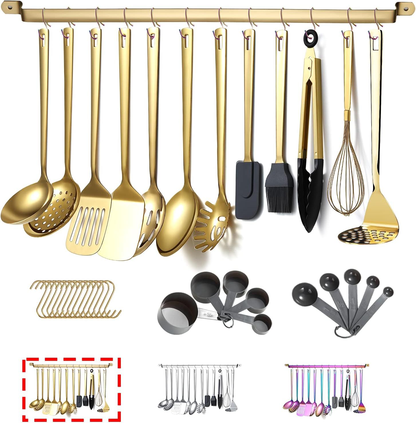 Gold Cooking Utensils Set, Kyraton Stainless Steel 37 Pieces Kitchen Utensils Set with Titanium G... | Amazon (US)