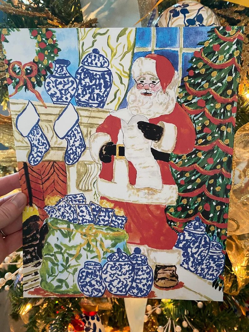 Blue and White Santa Signed Print, Unframed, 8x10, Santa Art, Chinoiserie Art, Chinoiserie Christ... | Etsy (US)