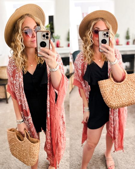 Summer vacation outfit with a black romper, long kimono cover up (on sale, $25) , straw tote bag (on sale, $36) sun hat (on sale, $25) and sandals. Everything fits TTS

// Summer outfits 2024, mom outfit ideas, travel outfit, vacation outfits, summer outfit amazon, Amazon outfit ideas, casual outfit ideas, spring outfit inspo, casual fashion, amazon summer fashion, amazon casual outfit, cute casual outfit, outfit inspo, outfits amazon, outfit ideas, amazon shoes, Amazon bag, purse, size 4-6, casual summer outfits, casual outfit ideas everyday, summer fashion under $50 #ltkfindsunder100 

#LTKTravel #LTKItBag #LTKSaleAlert