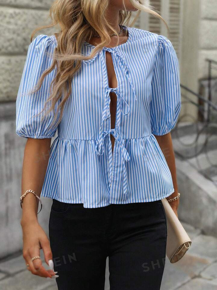 SHEIN LUNE Women's Fashion Vertical Stripe Short Sleeve Shirt | SHEIN