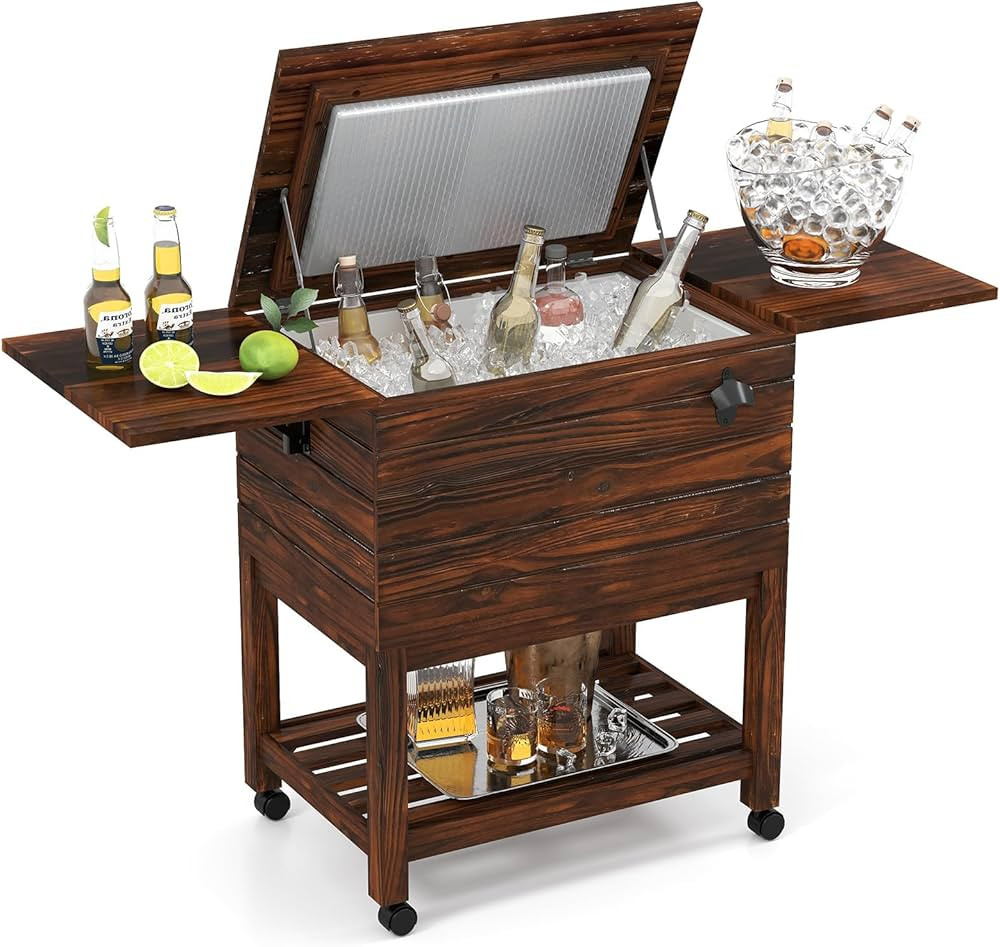 Tangkula Rolling Wooden Patio Cooler Cart, 54 Quart Outdoor Ice Chest Cooler Cart with 2 Drop Lea... | Amazon (US)