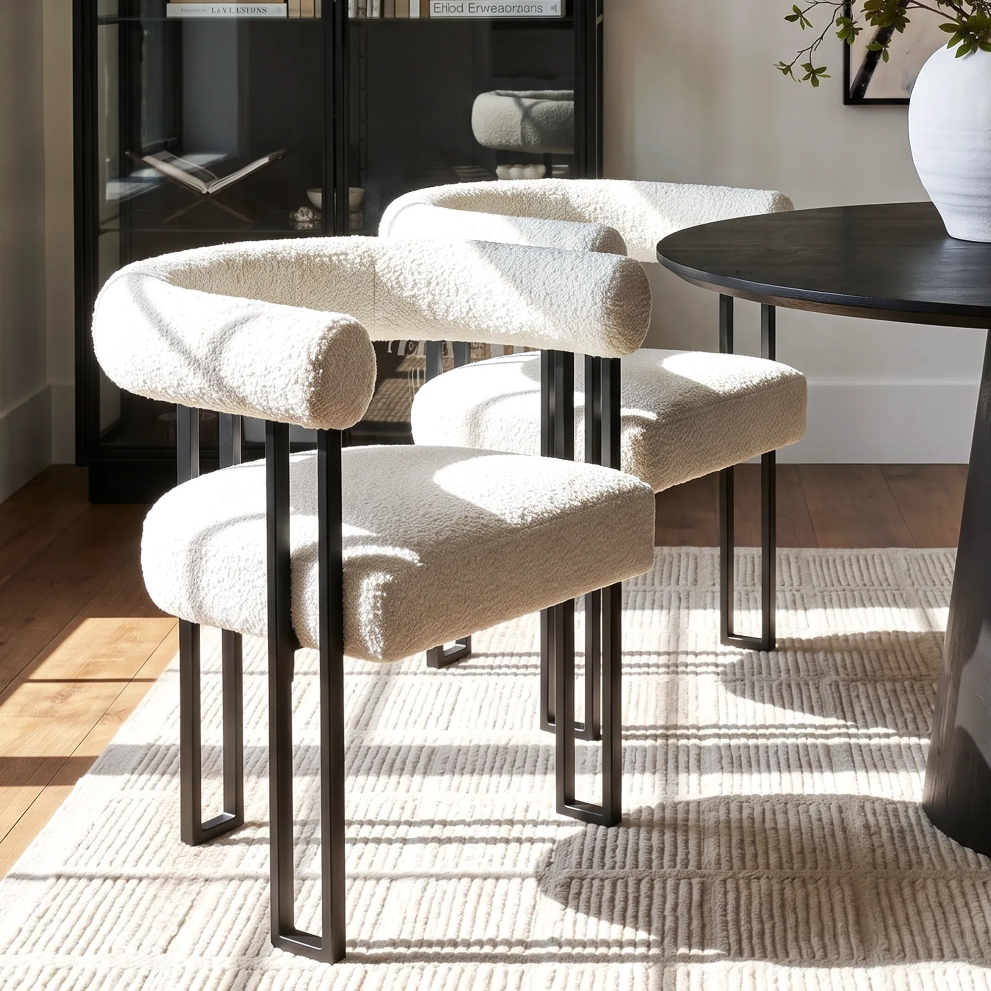 Rola Beige Upholstered Boucle Dining Chair with Arms (Set of 2) | Pop Maison