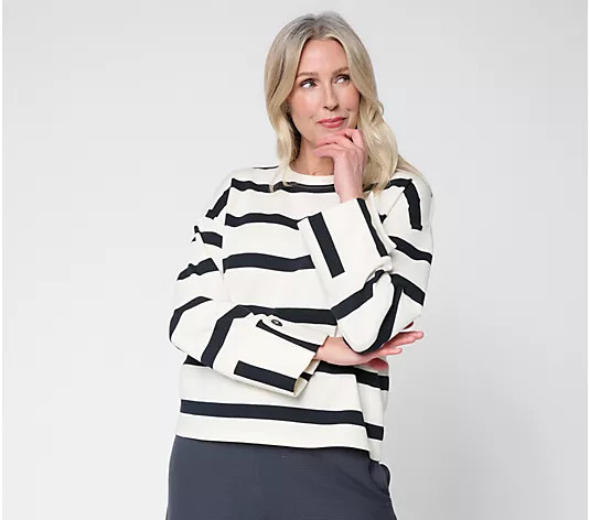 Peace Love World Striped Crew Neck Pullover with Cuff Detail - QVC.com | QVC