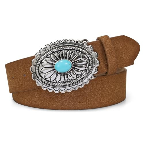 TRIWORKS Women's Western Leather Belt Vintage Medieval Turquoise Buckle Suede Belt Ladies Cowgirl Concho Leather Belt | Amazon (US)