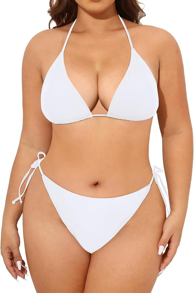 Tempt Me Women Plus Size Sexy Bikini Set String Two Piece Bathing Suit Halter Tie Side Swimsuit | Amazon (US)