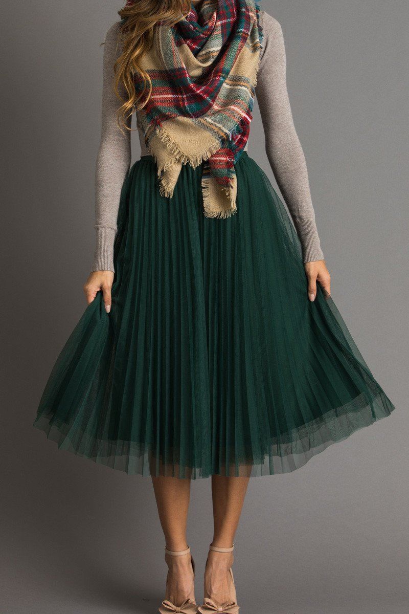 Vienna Green Pleated Tulle Midi Skirt | Morning Lavender