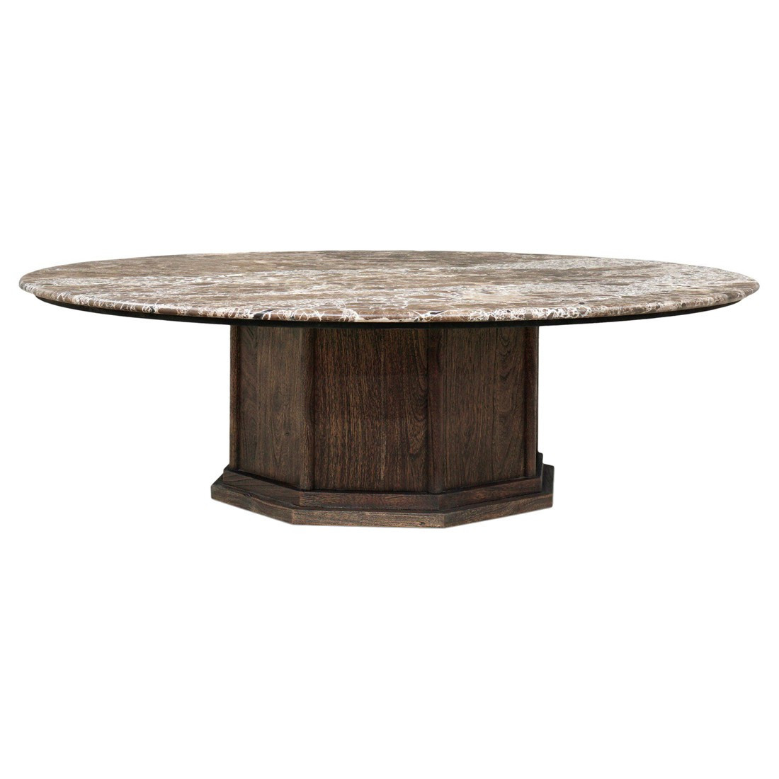 Pavlo Updated Traditional Brown Marble Acacia Wood Round Coffee Table | Kathy Kuo Home