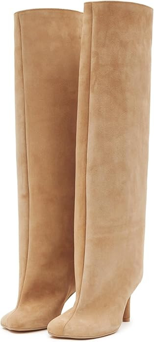 UBWDU Women's Suede Knee High Boots Square Toe Stiletto Heels Wide Calf Tall Boots | Amazon (US)