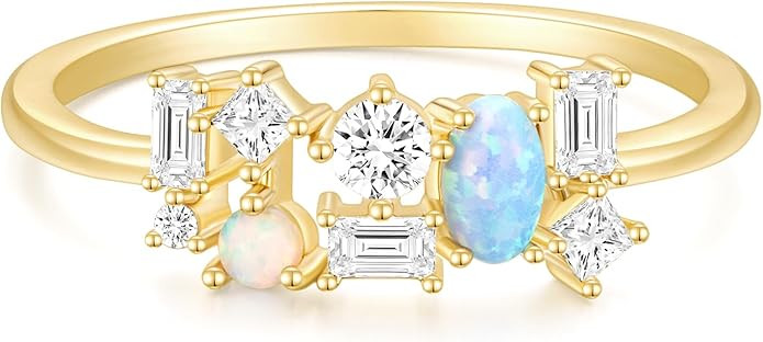 Mameloly 1.3mm 14K Gold Plated CZ Wedding Bands for Women Dainty Stackable Thin Created Opal Ring... | Amazon (US)