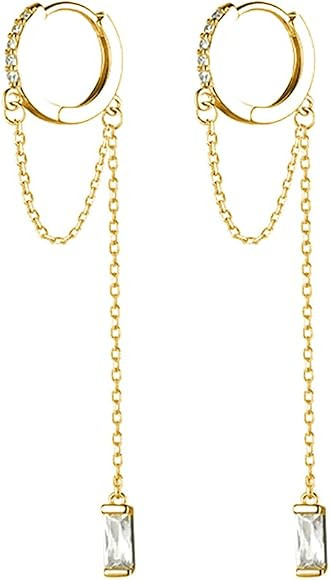 SLUYNZ 925 Sterling Silver CZ Dangle Earrings Chain For Women Teens Dangling Hoop Earrings Tassel... | Amazon (CA)