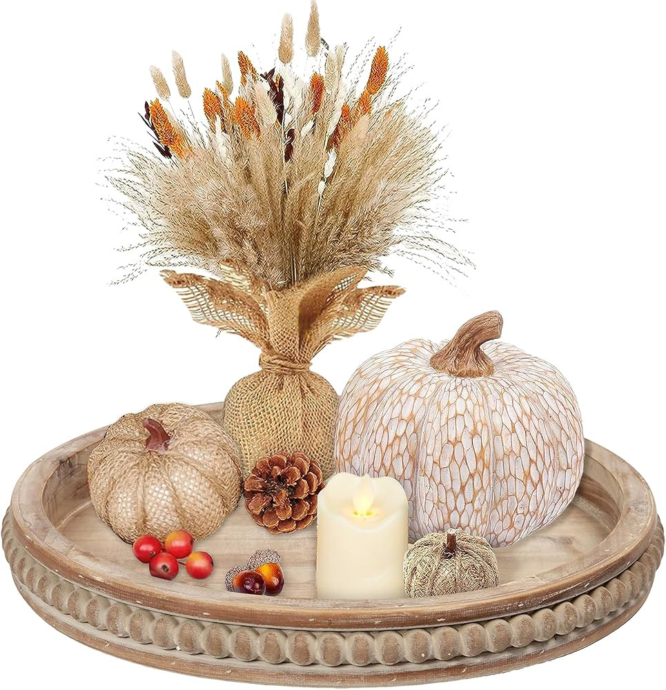 SOFE 16" Natural Hand Crafted Beaded Wooden Tray, Farmhouse Large Round Tray, Serving Tray Decora... | Amazon (US)