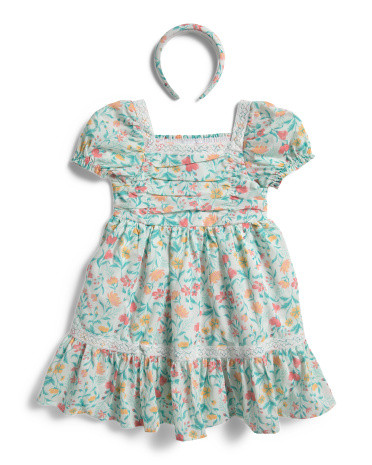 Girls Puff Sleeve Dress With Crochet Trim And Headband | TJ Maxx