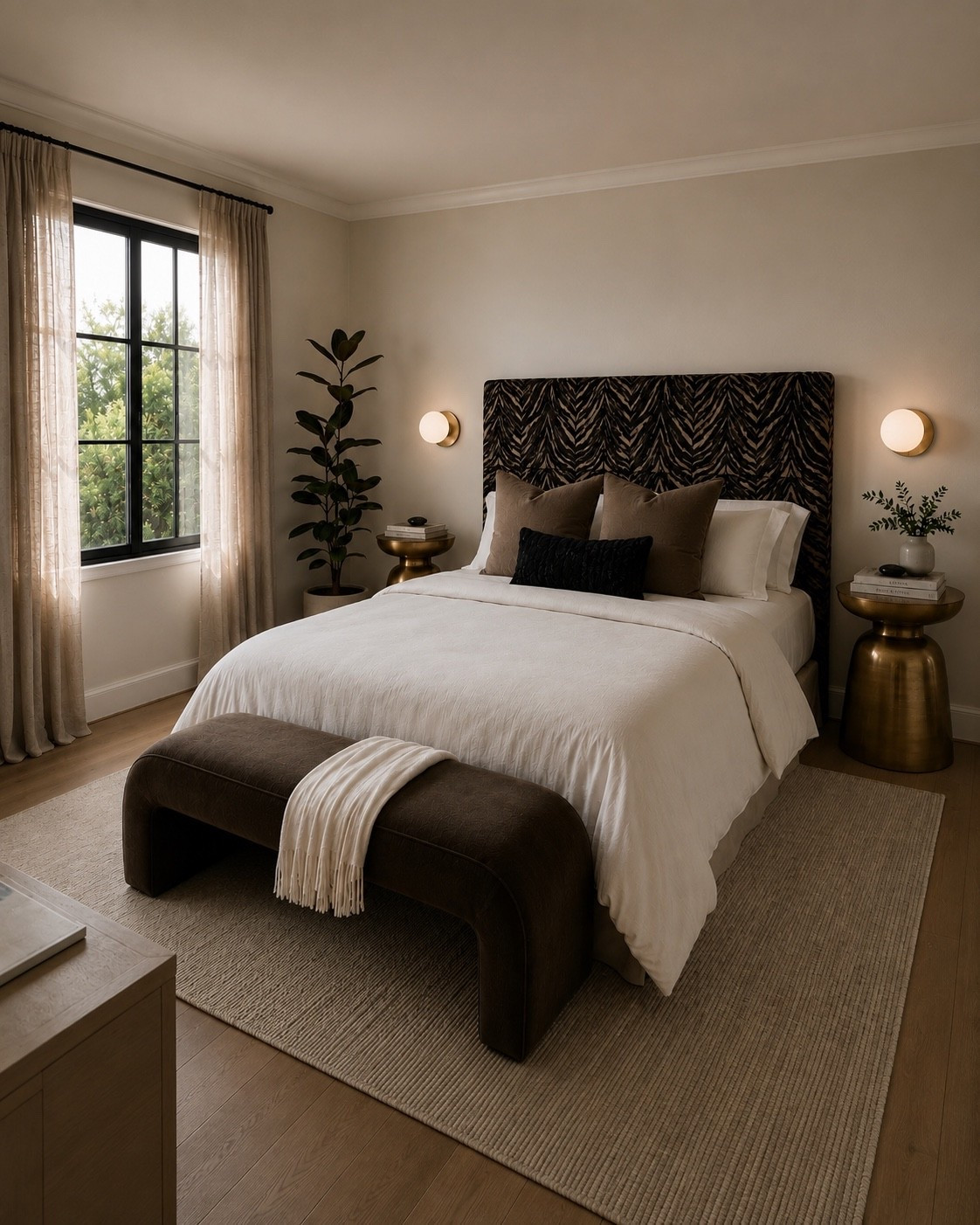 Affordable Wayfair bedroom. Faux tree oak plant with pot. Upholstered velvet bedroom bench. Vintage striped washable rug. Brown velvet pillow cover and insert. Decorative throw pillow. Black cotton pillow. Linen duvet cover set. Animal print upholstered headboard. Metal end table. Globe mounted sconces light. ￼

#LTKHome #LTKSaleAlert #LTKdayinmylife