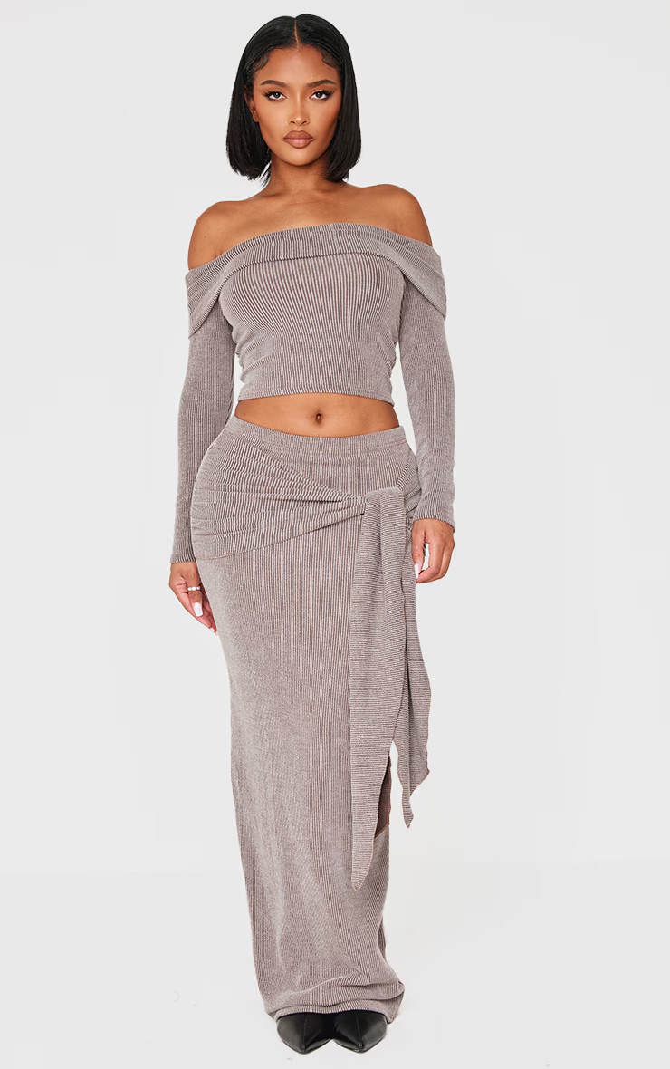 Shape Chocolate Rib Wrap Front Maxi Skirt | PrettyLittleThing US