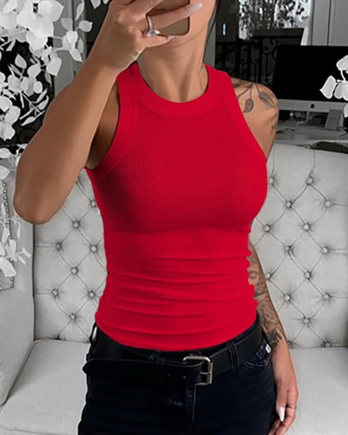​​Women Ribbed Knit O-Neck Tank Slim Fit Sleeveless Skinny Top Basic Shirt Casual Streetwear ... | Amazon (US)