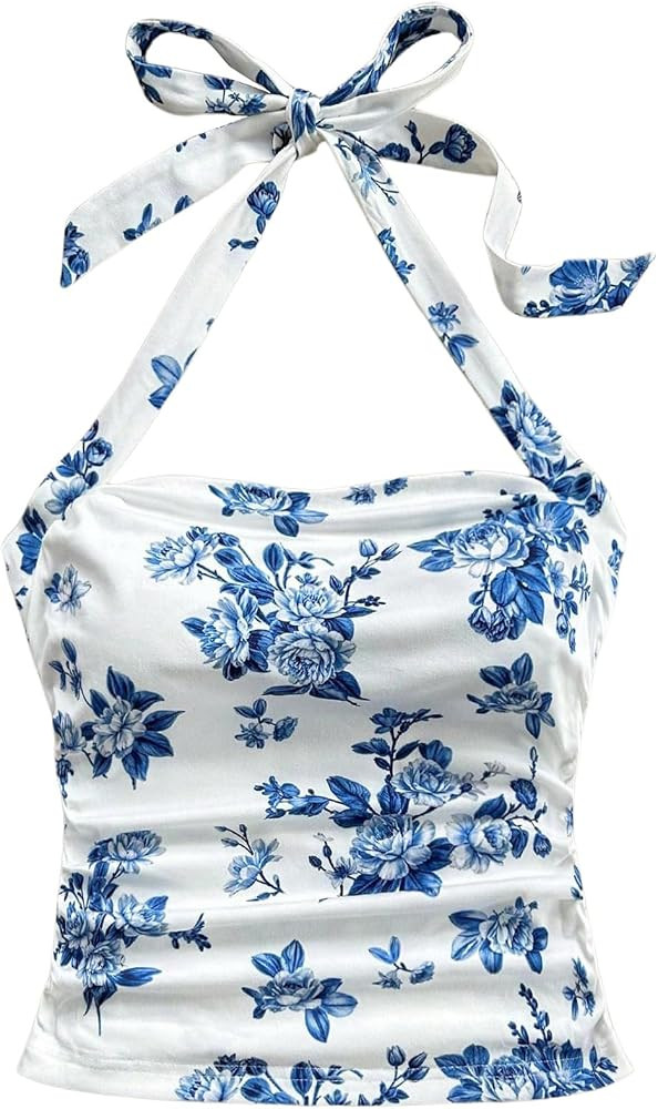 WDIRARA Women's Floral Print Halter Top Ruched Tie Backless Sleeveless Boho Crop Tops | Amazon (US)