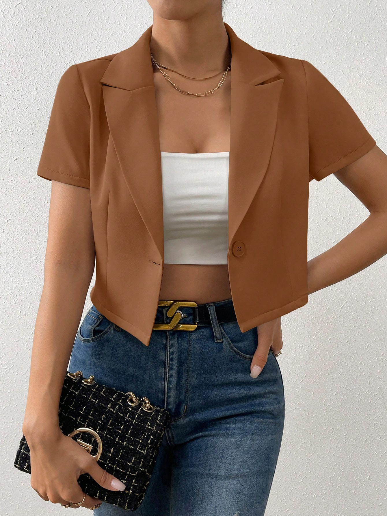 SHEIN Privé Solid Single Button Crop Blazer | SHEIN