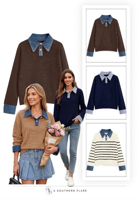 These cozy, oversized denim collar sweaters are perfect for fall! Stay warm and stylish. #FallFashion #SweaterLove