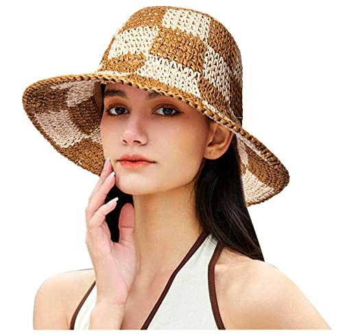 Sun Hats Checkerboard Straw Bucket Hat for Women Packable Crochet Wide Brim Floppy Beach Hats Traveling Summer Accessories (Beige) | Amazon (US)