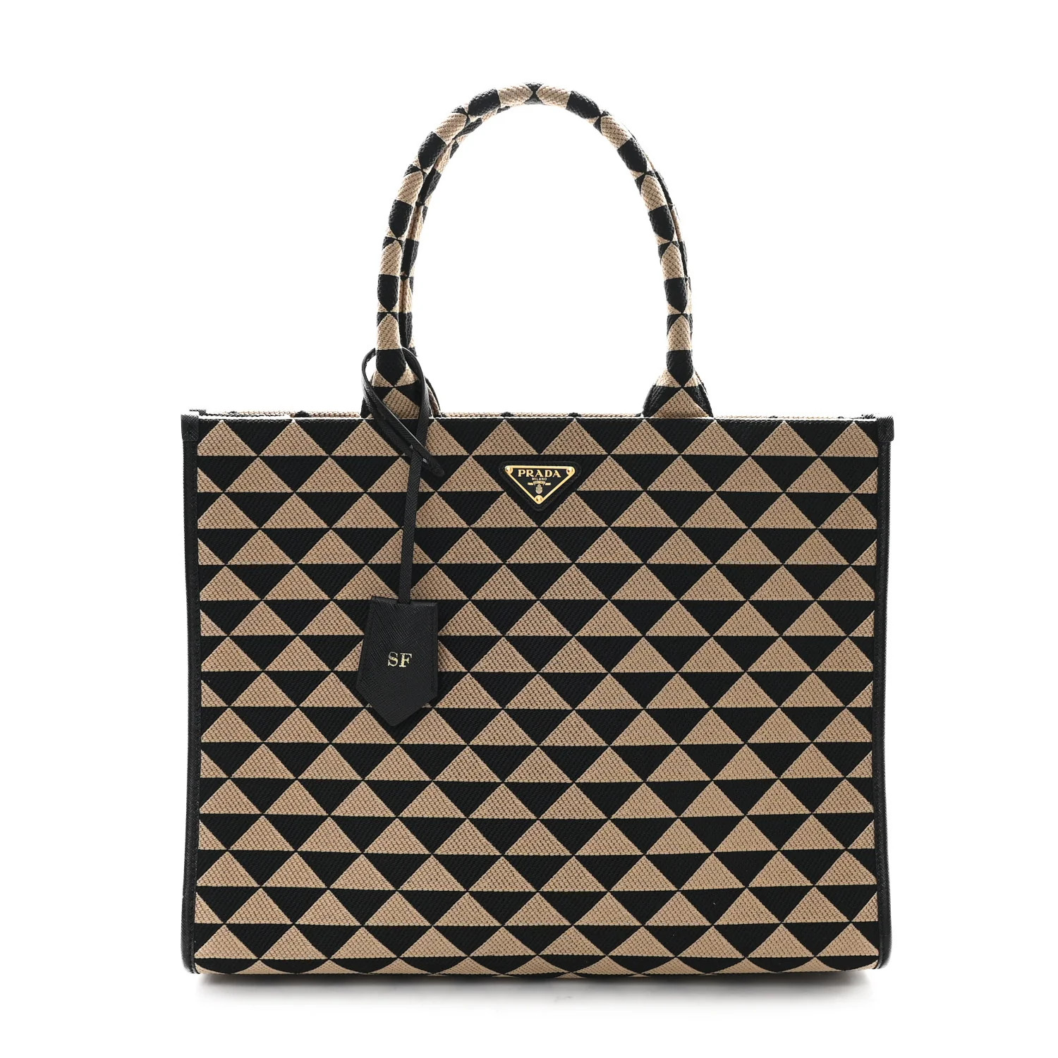 Prada Jacquard Saffiano Triangolo Symbole Embroidered Large Tote Black Corda 1758105 | FASHIONPHILE (US)