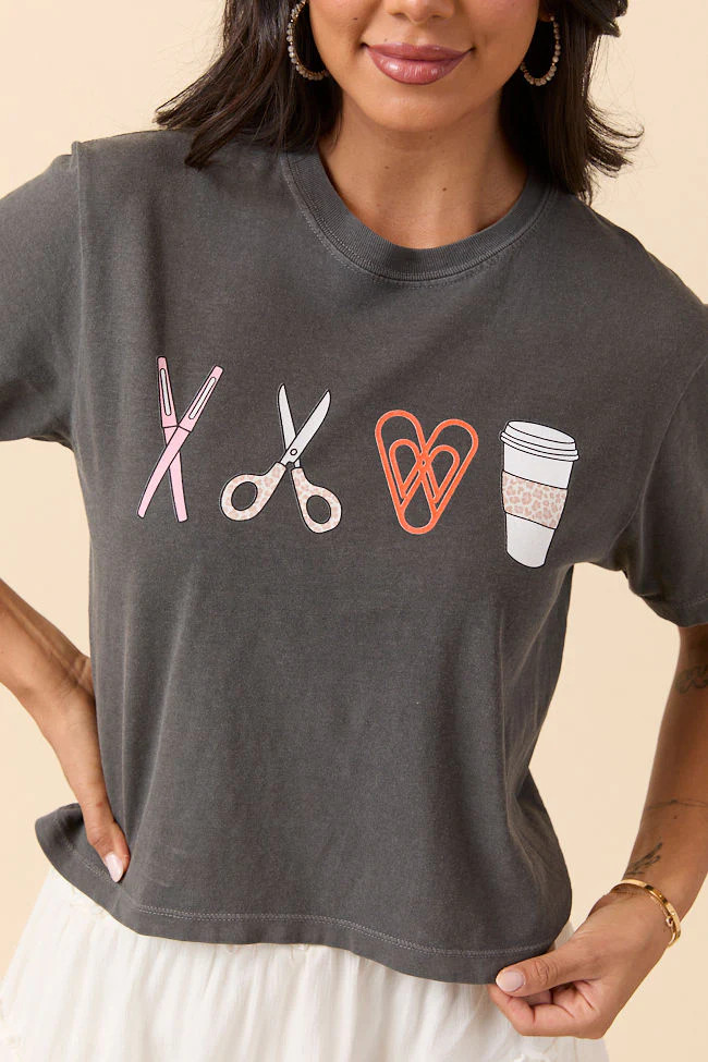 School Supplies Dark Grey Boxy Graphic Tee | Pink Lily