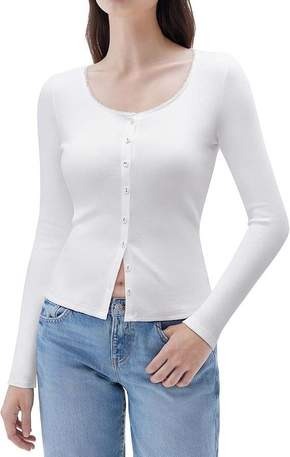 SUUKSESS Women Cotton Ribbed Long Sleeve Tops Button Down Crew Neck Lace Line Going Out Fitted Sh... | Amazon (US)
