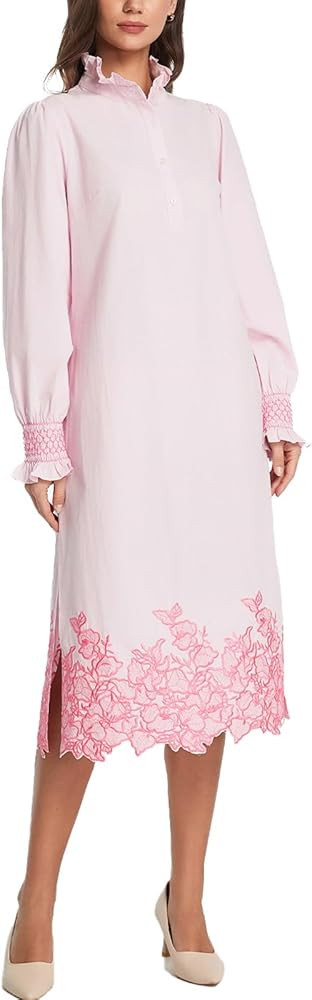 Womens Button Down Shirt Dress Long Sleeve Casual Flower Embroidery Slit Midi Dresses | Amazon (US)