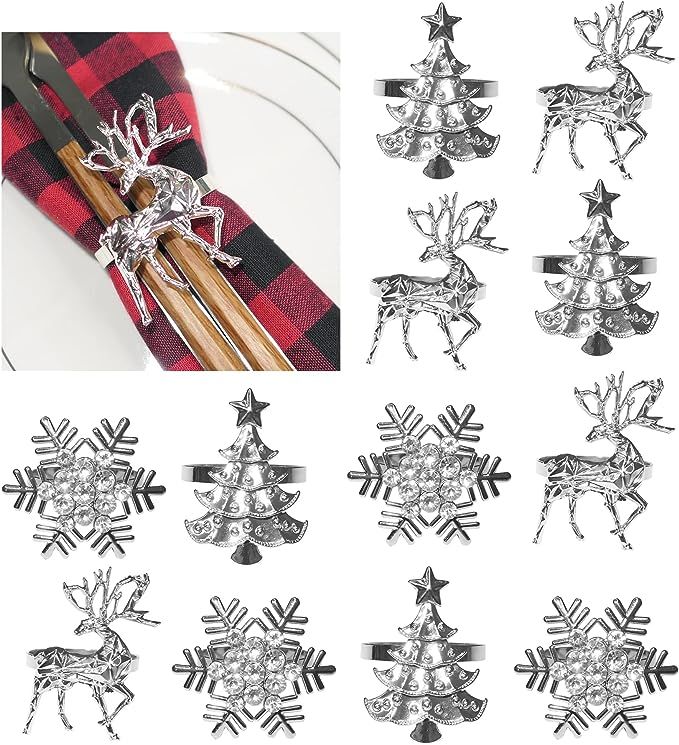 HADDIY Christmas Napkin Holder,Set of 12 Silvery Elk Snowflake Xmax Tree Napkin Ring for Winter H... | Amazon (US)