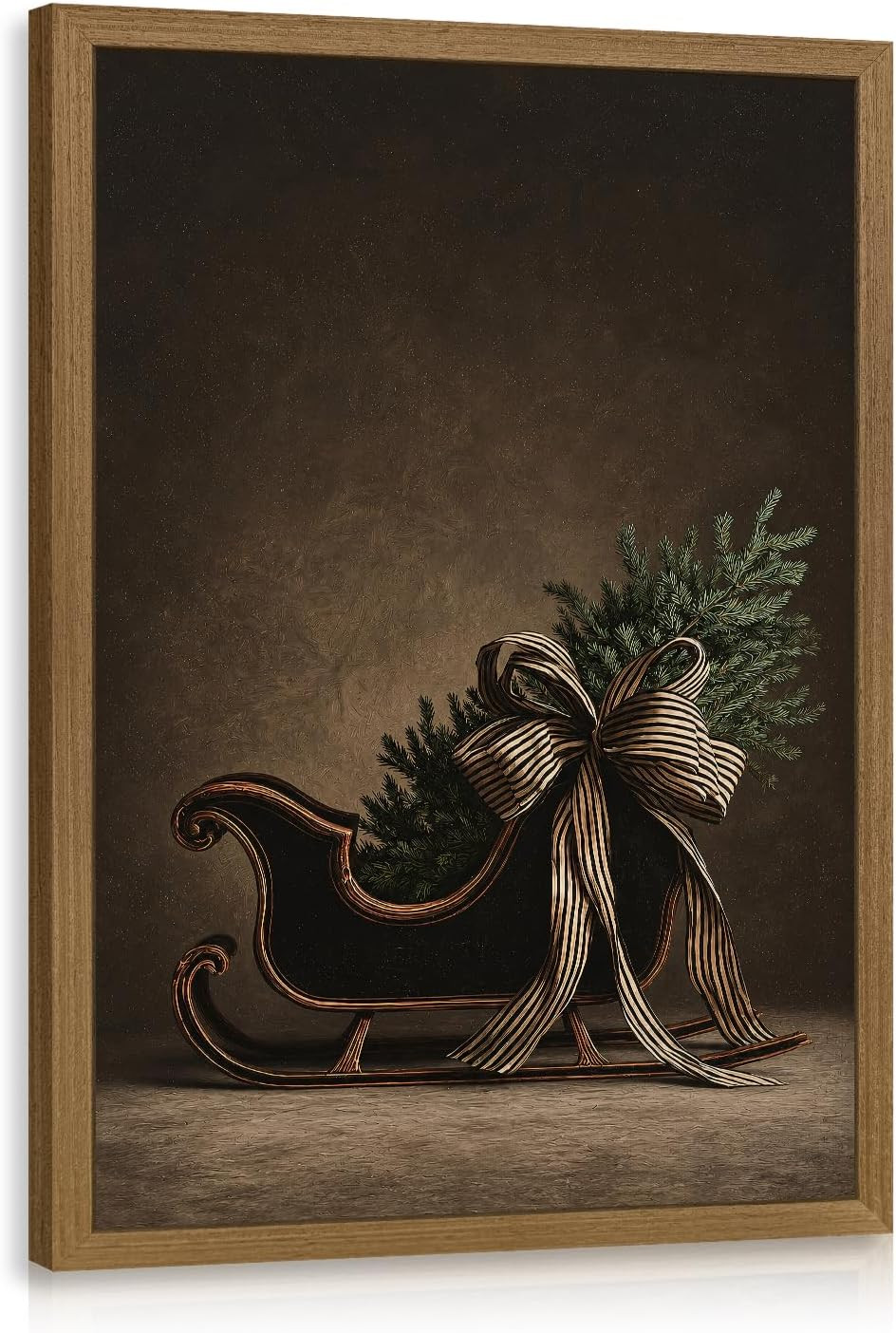 OPFDE Wood Framed Vintage Christmas Sleigh Evergreen Wall Art 12x16 Inch | Amazon (US)