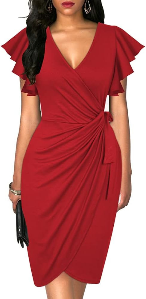 oten Womens Deep V Neck Ruffle Sleeve Sheath Casual Cocktail Party Work Faux Wrap Dress | Amazon (UK)