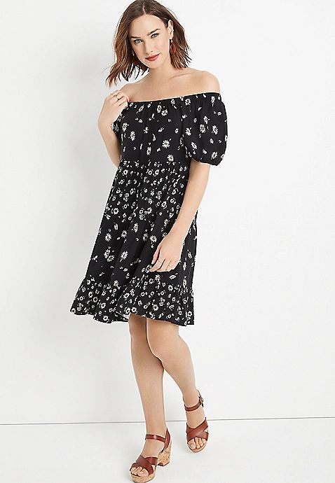 Black Daisy Off the Shoulder Babydoll Dress | Maurices