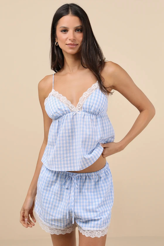 Bud Blue Gingham Lace Drawstring Shorts | Lulus