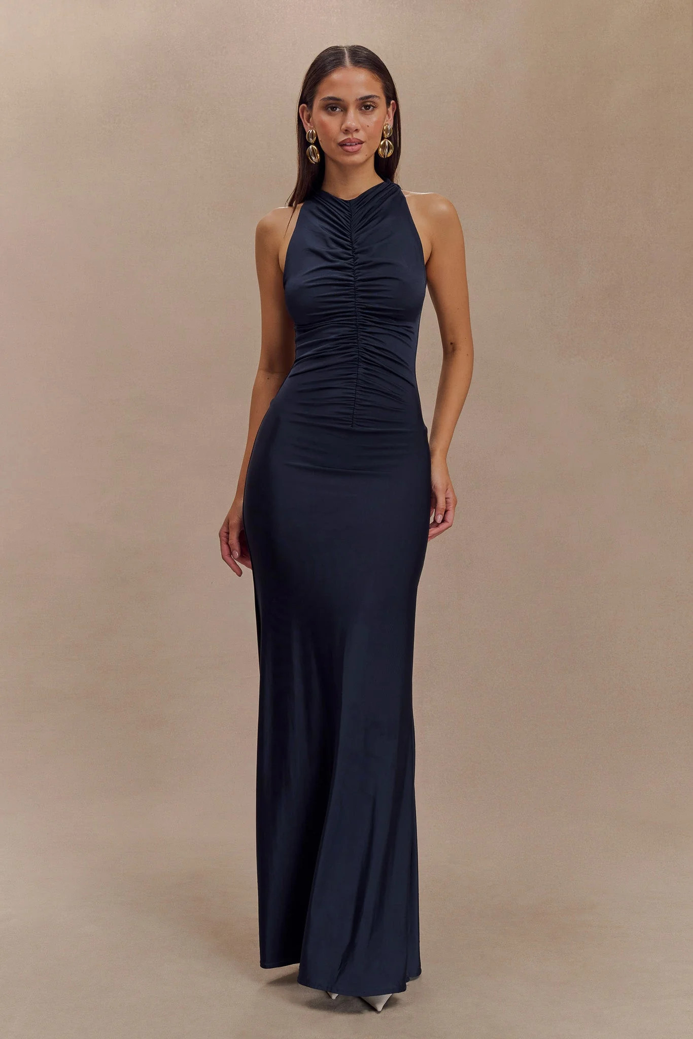Priya Slinky Ruched Halter Maxi Dress - Navy | MESHKI US