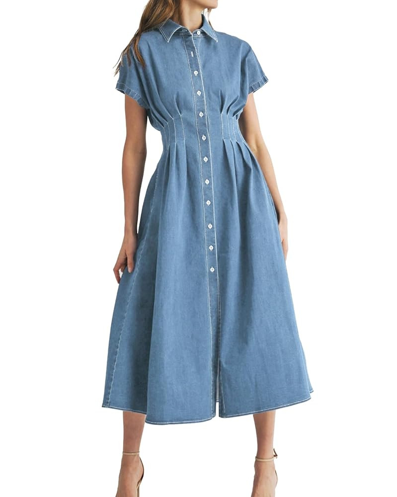 Women's Summer Denim Shirt Dress Lapel V Neck Short Sleeve Midi Jean Dress Button Down Long Dress... | Amazon (US)