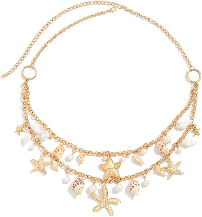 Seashell Starfish Waist Chains for Women Bohemian Conch Pearl Shell Body Chain Summer Beach Charm... | Amazon (US)