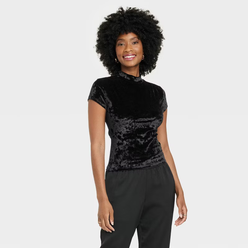 Women's Short Sleeve Slim Fit Mock Turtleneck Velvet T-Shirt - A New Day™ | Target