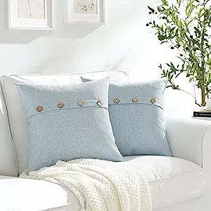Set of 2 Baby Blue Square Pillow Covers 18 x 18 Farmhouse Linen Pillow Covers with Coconut Button... | Amazon (US)