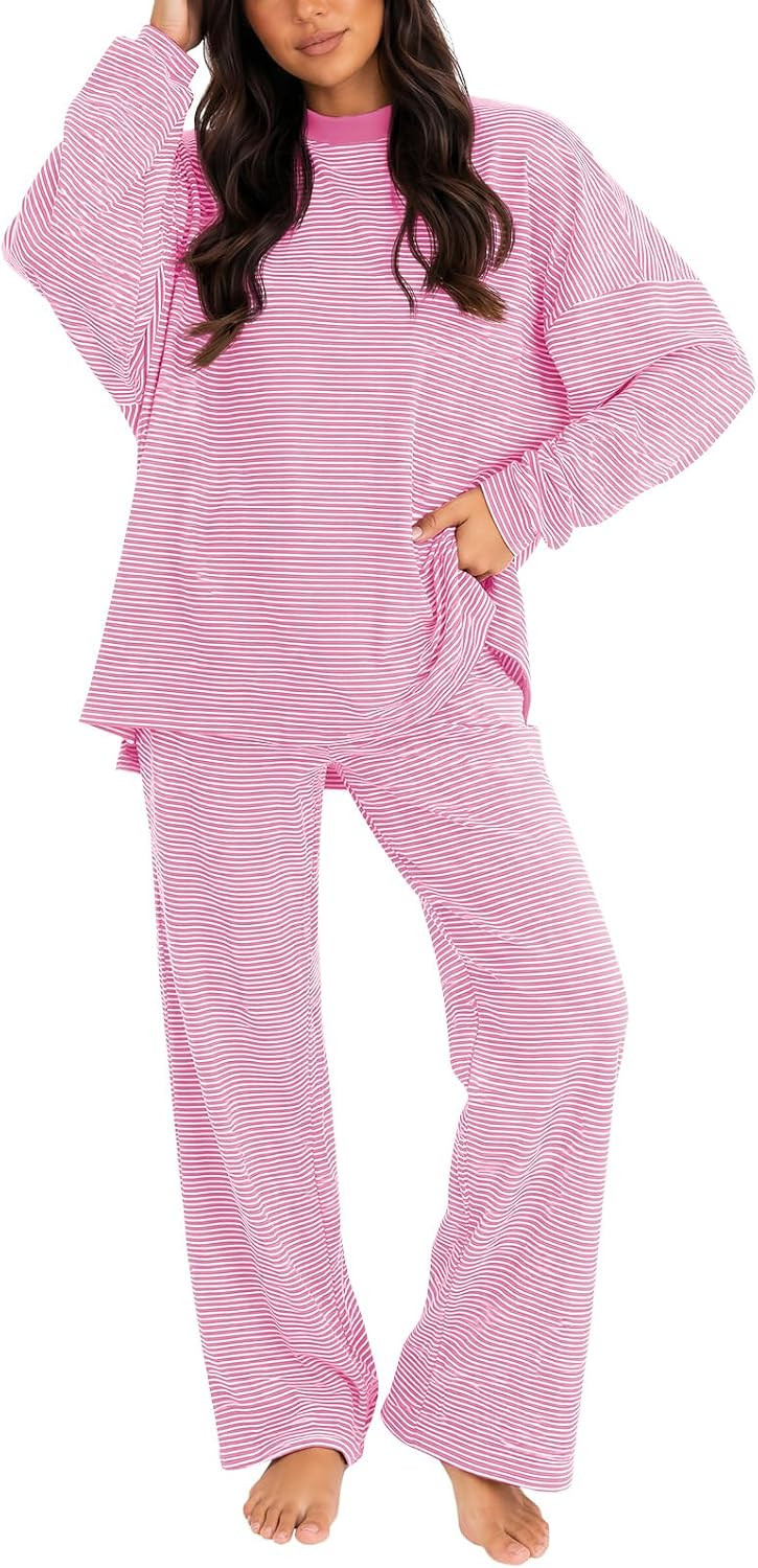 Women's 2 Piece Striped Lounge Set Wide Leg Pants Matching Pajamas Set | Amazon (US)