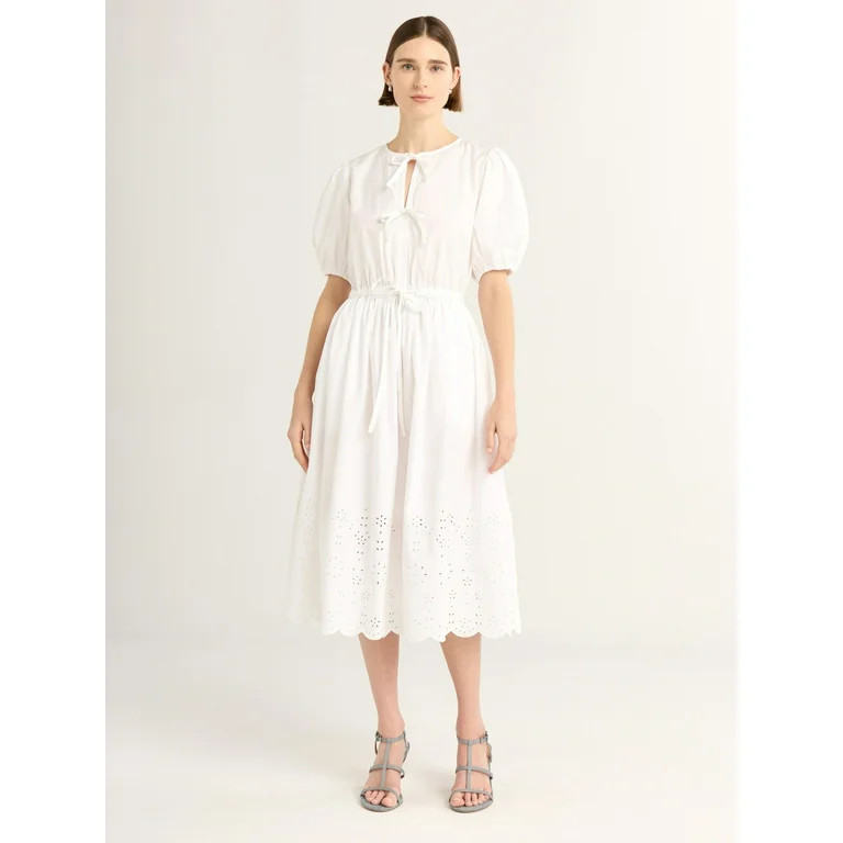 Free Assembly Women's and Women's Plus Tie Front Cotton Eyelet Midi Dress with Short Puff Sleeves... | Walmart (US)