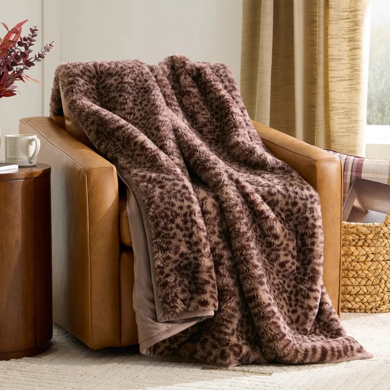Better Homes & Gardens Brown Leopard Faux Fur Oversized Throw, 50" x 72" | Walmart (US)