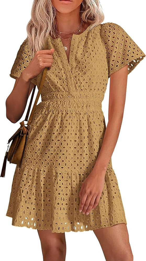 PRETTYGARDEN Womens 2025 Summer Short Dress V Neck Short Sleeve A Line Hollow Out Lace Ruffle Cut... | Amazon (US)