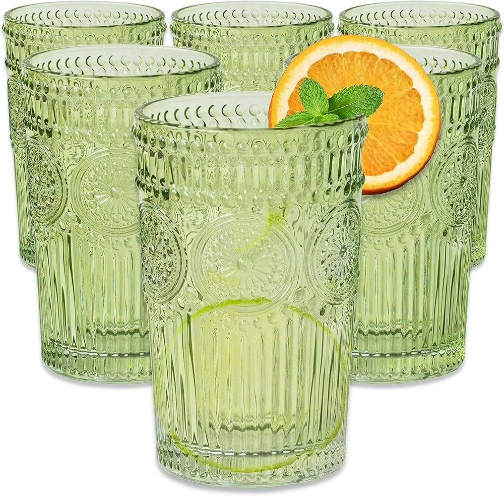 Vintage Textured Sage Green Striped Drinking Glasses Set of 6-13 oz Ribbed Glassware with Flower ... | Amazon (CA)