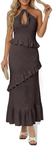 Wenrine Womens Sexy Halter Maxi Dress Cutout Sleeveless Ruffle Tassel Backless Party Club Summer ... | Amazon (US)