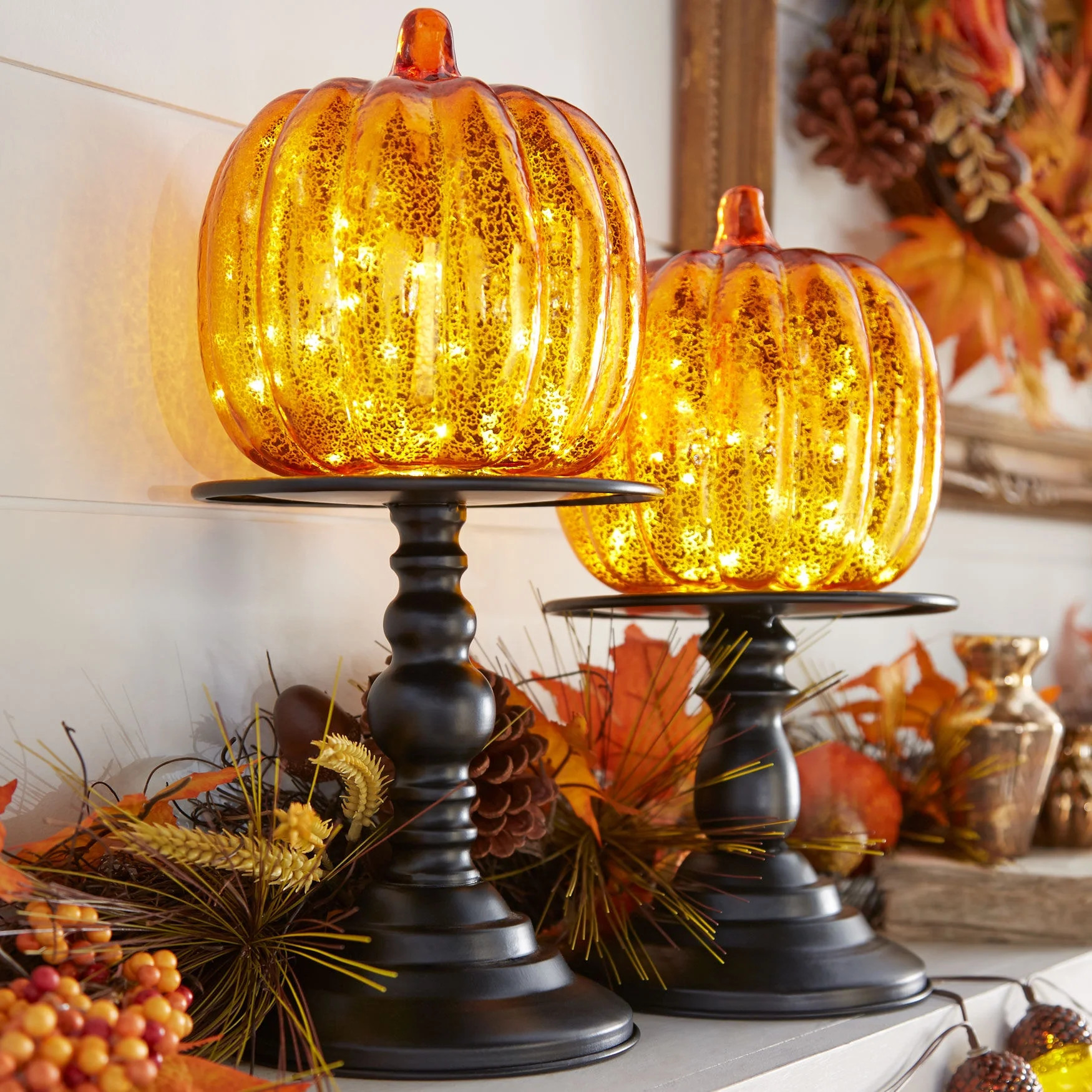 Brylanehome 11"H X 6"Diam. Pre-Lit Glass Pumpkin On Stand, Orange Fall Decor Light Up Decoration | Walmart (US)
