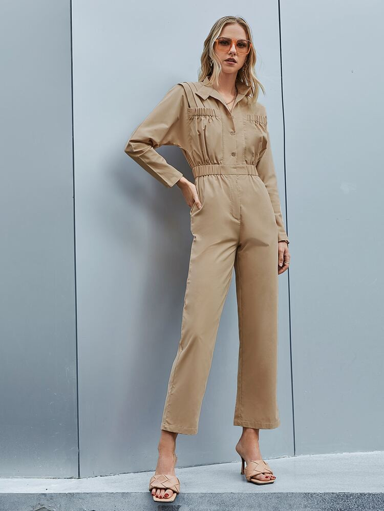 Sollinarry Fold Pleated Batwing Sleeve Elastic Waist Shirt Jumpsuit | SHEIN
